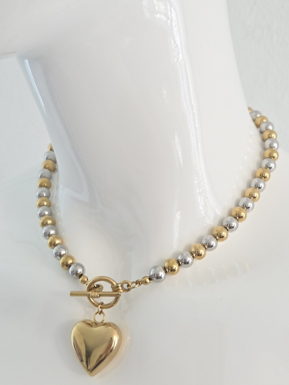 Two Tone Gold Silver Beaded Heart Pendant Toggle Necklace - Picture 14 of 14